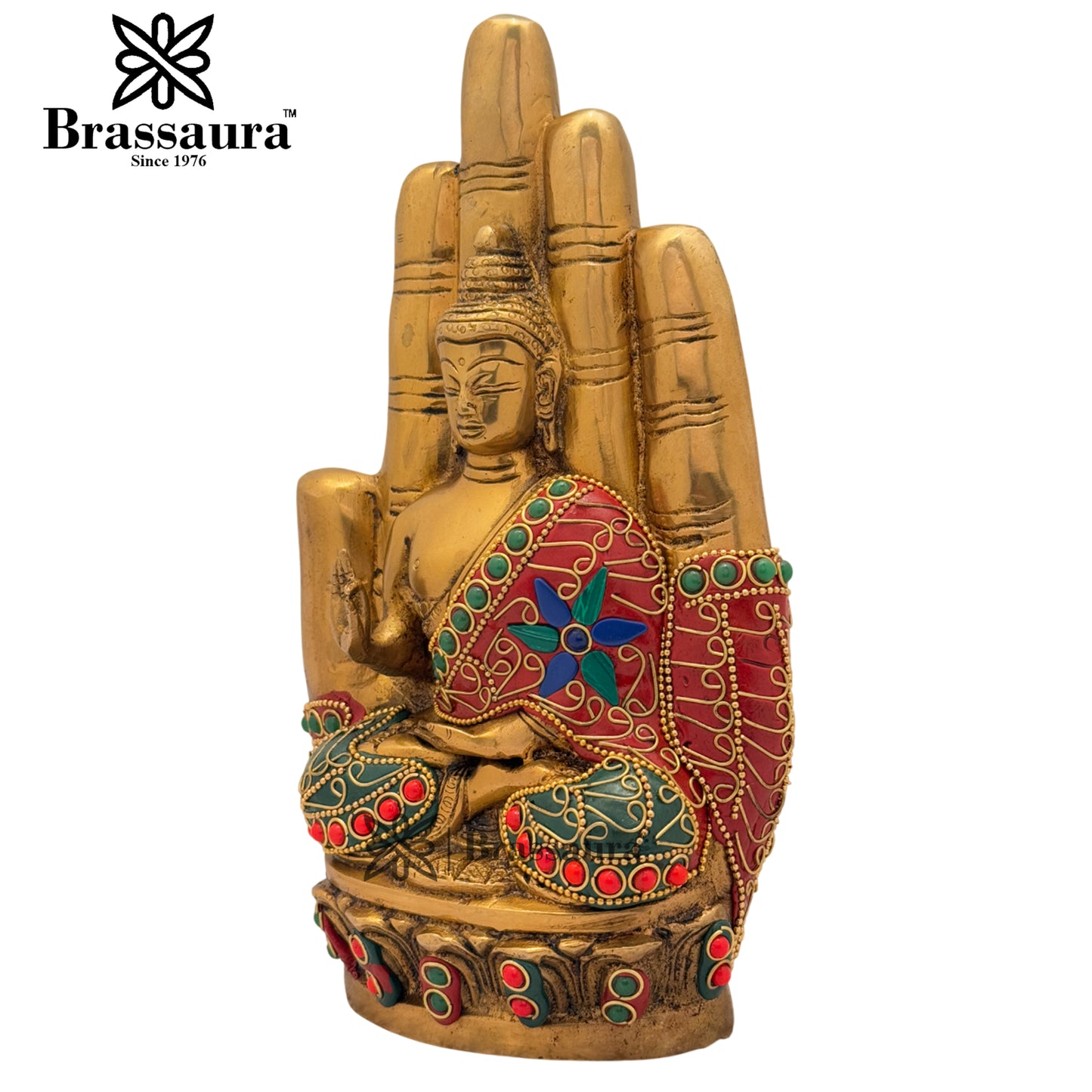 Brass Multi Coloured Gem Stone Work Buddha Weight 2.6 Kg & Height 9 Inch