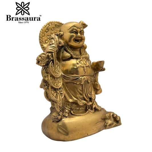 Brassaura® Laughing Buddha Idol with Polished Brass Finish | Pure Superfine Brass Handcrafted Murti | Brass Statue for Home Temple, Pooja Room | Height 8.6 Inches | Weight 3.2 Kgs