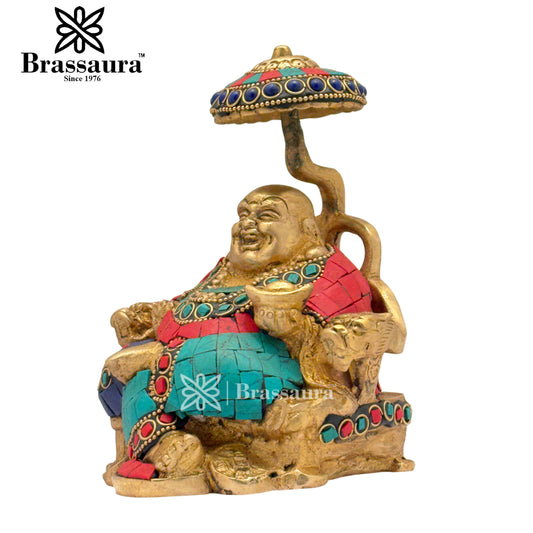 Brassaura® Laughing Buddha Idol with Polished Brass & Multicolor Gemstone Finish | Pure Superfine Brass Handcrafted Murti | Brass Statue for Home Temple, Pooja Room | Height 6.5 Inches | Weight 2 Kgs