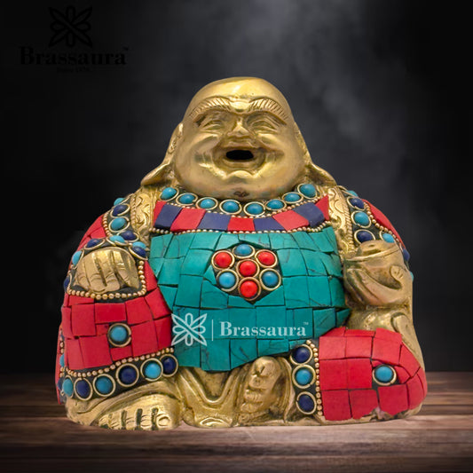 Brass Gem Stone Work Laughing Buddha Weight 1.2 Kg & Height 4 Inch