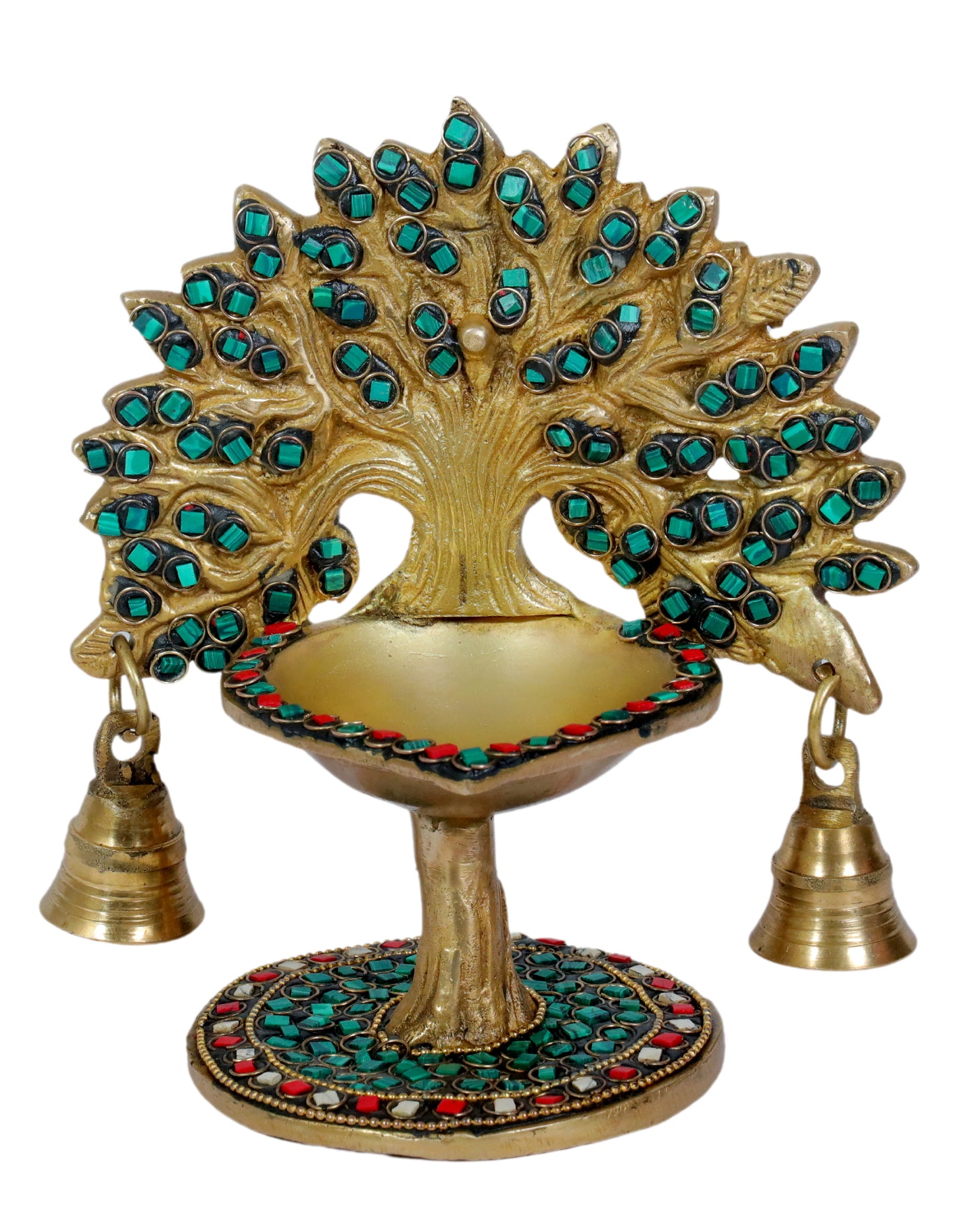 Brass Gem Stone Work Tree Diya Weight 1.3 Kg & Height 7 Inch
