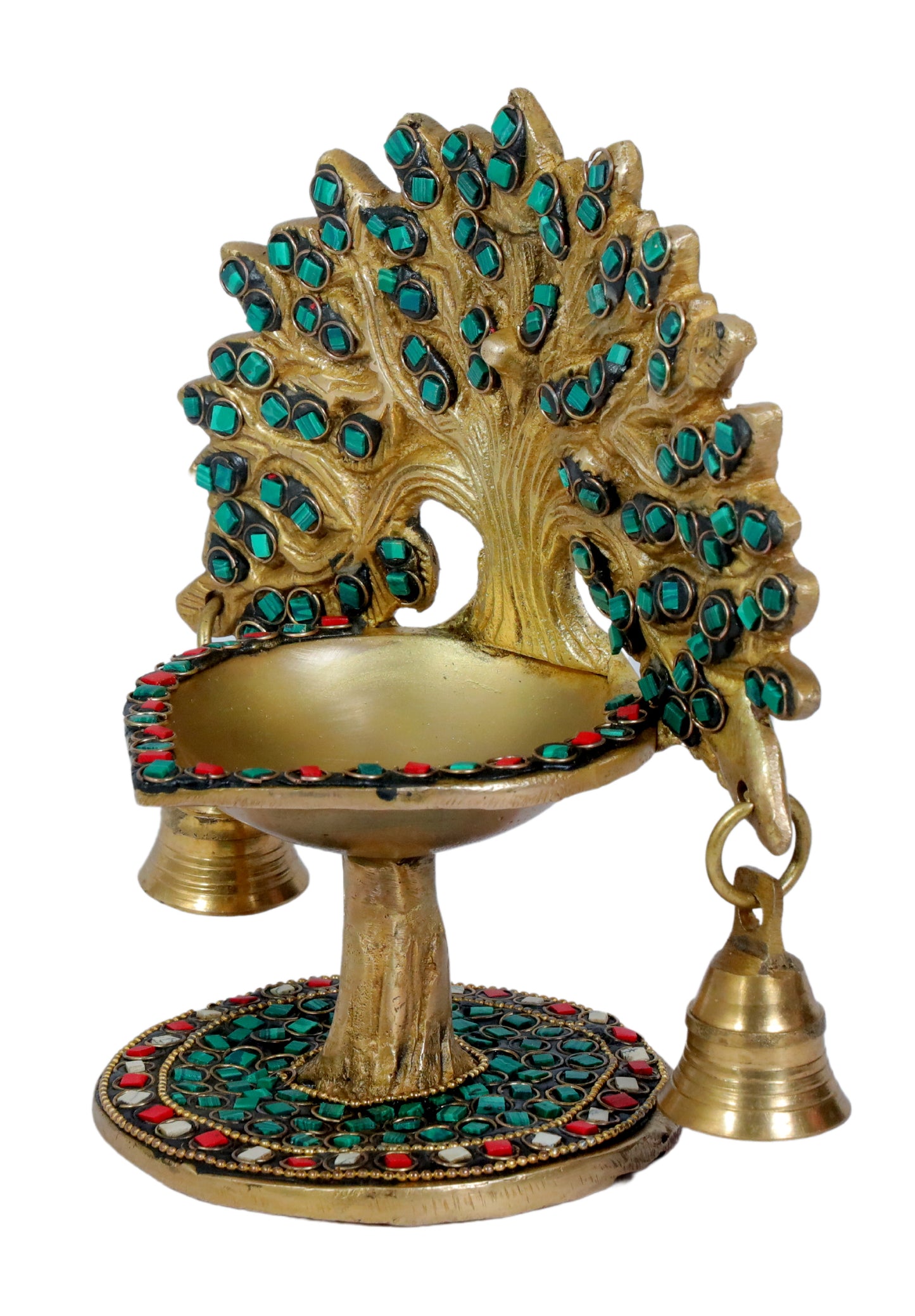 Brass Gem Stone Work Tree Diya Weight 1.3 Kg & Height 7 Inch