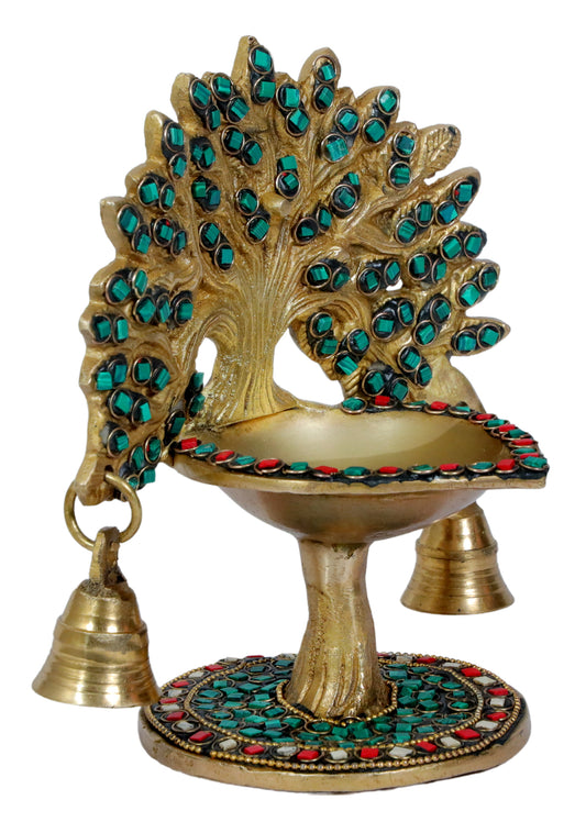 Brassaura™ Brass Gem Stone Work Tree Diya – Height 7 Inches & Weight 1.3 Kgs | Stunning Brass Accent for Modern & Classic Décor