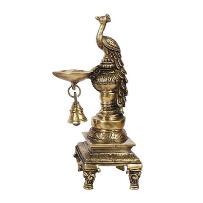 BrassAura Brass Peacock Bird Hanging Diya Oil Lamp Stand with Bell Home Decorative Showpiece - 25 cm  (Brass, Gold)