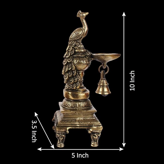 BrassAura Brass Peacock Bird Hanging Diya Oil Lamp Stand with Bell Home Decorative Showpiece - 25 cm  (Brass, Gold)