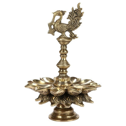 Brass Peacock Design Multi Oil Wick Diya Lamp Pooja Articles Home Decor Item Showpieces House Warming Wedding Decoration Diwali Pital Dipak Deepam