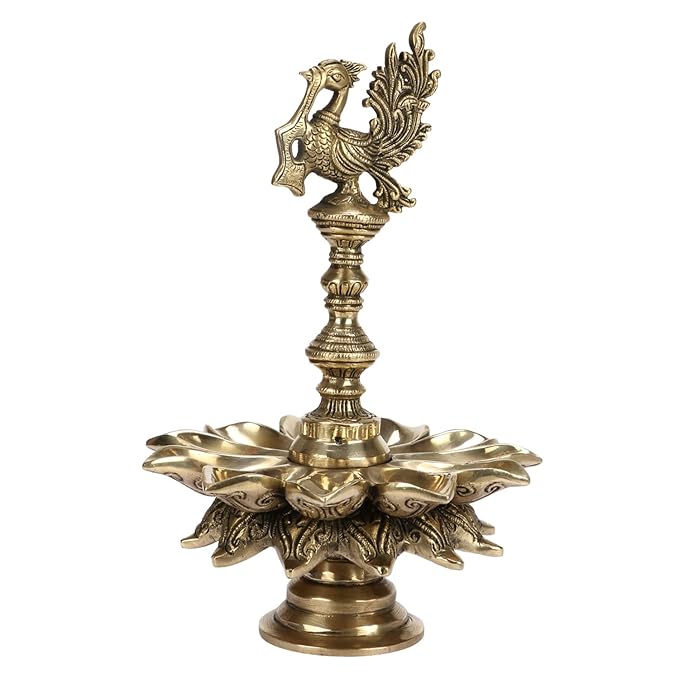 Brass Peacock Design Multi Oil Wick Diya Lamp Pooja Articles Home Decor Item Showpieces House Warming Wedding Decoration Diwali Pital Dipak Deepam