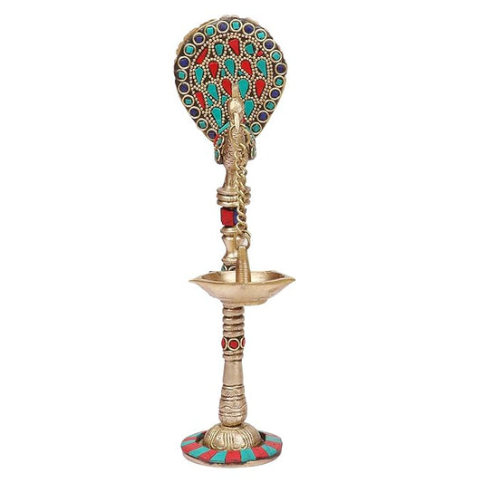 BrassAura Brass Multicolor Peacock Chain Hanging Diya Showpiece Oil Lamp Deepak Decorative Showpiece - 23 cm  (Brass, Multicolor)