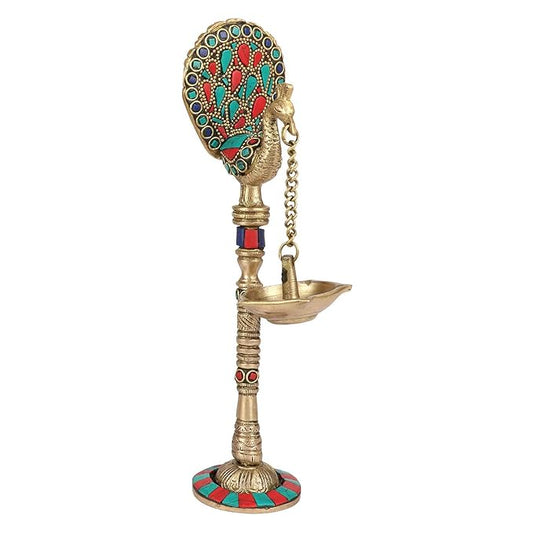 Brassaura® Brass Gemstone Work Peacock Chain Hanging Diya with Gemstone Inlay Finish | Pure Superfine Brass Handcrafted Murti | Brass Statue for Home Temple, Pooja Room | Height 9 Inches | Weight 0.47 Kgs