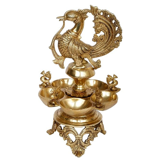 Brass Peacock Oil Lamp Diya Arti Deepam for Home Temple Aarti Deepak Pooja Camphor Kapoor Kapur Burner Dia Hand held Puja Jyot for Table Mandir Gold Color Height 33 cm Weight 4 Kg