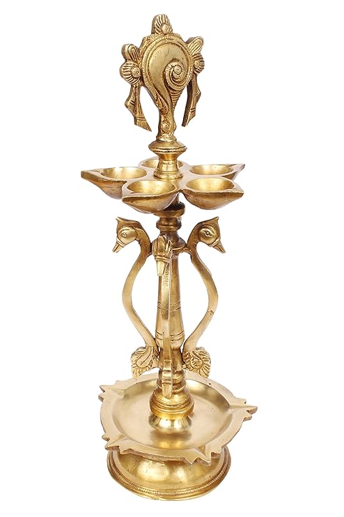 BrassAura Brass Shankh Villaku Vishnu Shankh Deepam, Diya, Deepa,Idol Murti Oil Lamp Decorative Showpiece - 14 cm  (Brass, Gold)