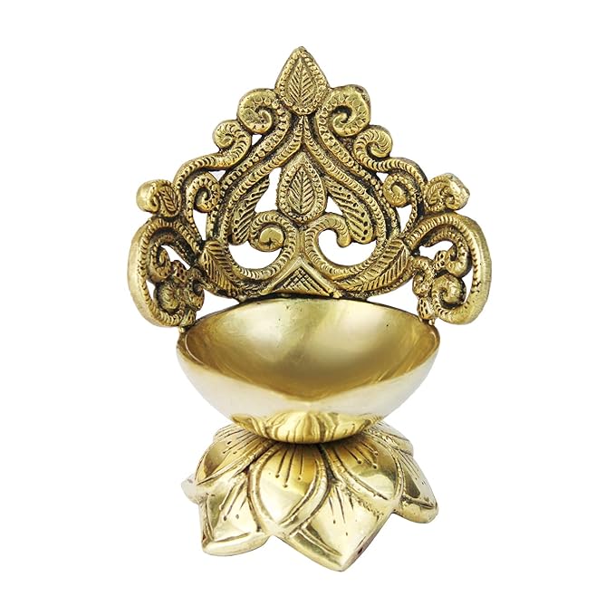 BrassAura brass Ethnic Carved Floral Design 5 Inches Brass Diya for Home Temple Decorative Showpiece - 12.7 cm  (Brass, Gold)