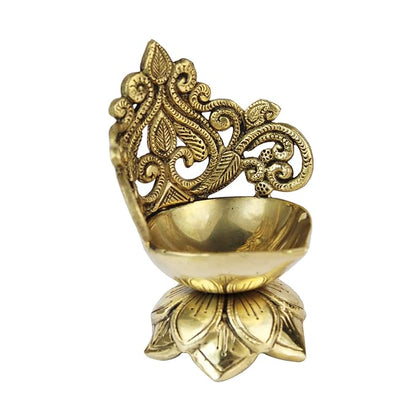 BrassAura brass Ethnic Carved Floral Design 5 Inches Brass Diya for Home Temple Decorative Showpiece - 12.7 cm  (Brass, Gold)