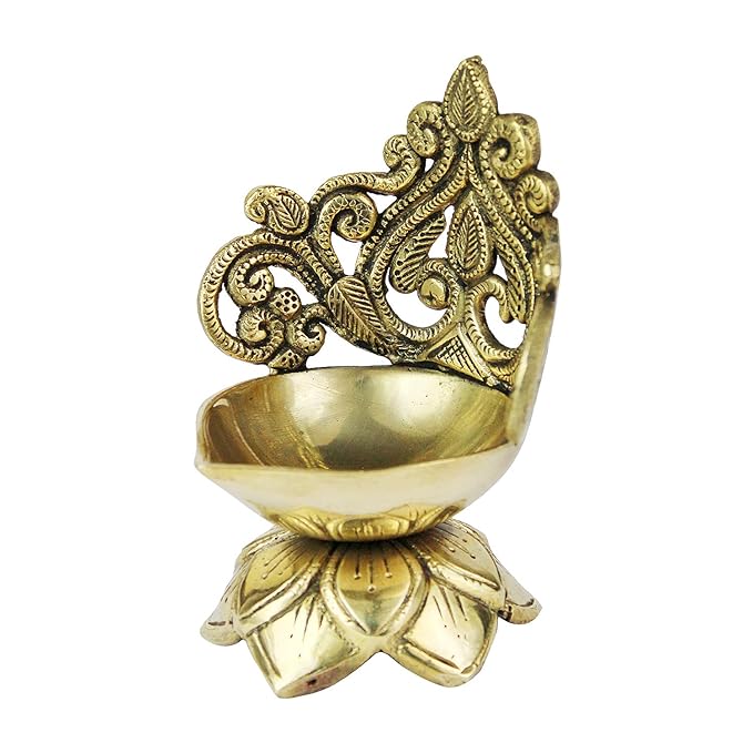 BrassAura brass Ethnic Carved Floral Design 5 Inches Brass Diya for Home Temple Decorative Showpiece - 12.7 cm  (Brass, Gold)