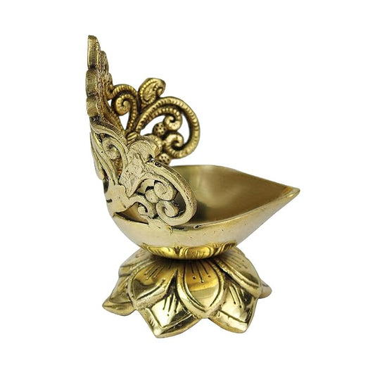 Brassaura® Brass Ethnic Carved Floral Design Diya | Pure Superfine Brass Handcrafted Murti | Brass Statue for Home Temple, Pooja Room | Height 5 Inches | Weight 0.65 Kgs