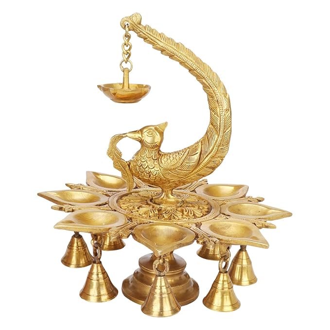 BrassAura Brass Parrot Hanging Diya with Bells Traditional Deepak for Puja Diwali Decorative Showpiece - 25.4 cm  (Brass, Gold)