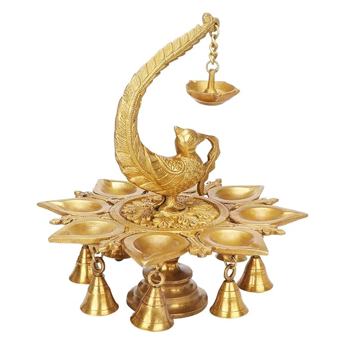 BrassAura Brass Parrot Hanging Diya with Bells Traditional Deepak for Puja Diwali Decorative Showpiece - 25.4 cm  (Brass, Gold)