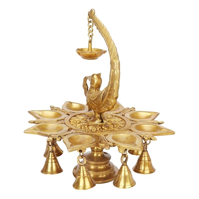 BrassAura Brass Parrot Hanging Diya with Bells Traditional Deepak for Puja Diwali Decorative Showpiece - 25.4 cm  (Brass, Gold)