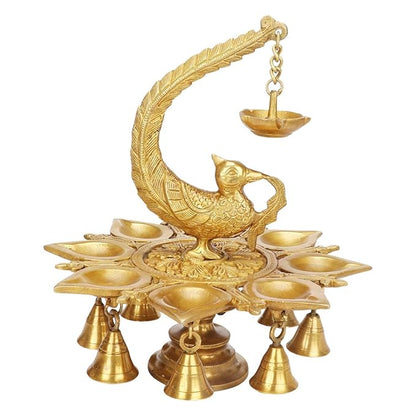 BrassAura Brass Parrot Hanging Diya with Bells Traditional Deepak for Puja Diwali Decorative Showpiece - 25.4 cm  (Brass, Gold)