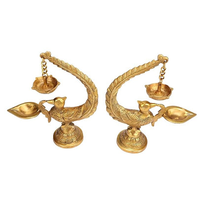 Brassaura™ Brass Peacock Bird Design Diya Pair (2 Pcs) Stand Holder | Deepak for Puja Aarti | Oil Lamp Pooja Articles Home Dcor Item - 8 Inch