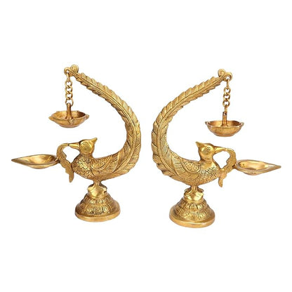 Brassaura™ Brass Peacock Bird Design Diya Pair (2 Pcs) Stand Holder | Deepak for Puja Aarti | Oil Lamp Pooja Articles Home Dcor Item - 8 Inch