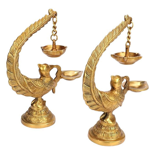 Brassaura® Brass Peacock Bird Design Diya Pair (2 Pcs) with Traditional Brass Finish | Pure Superfine Brass Handcrafted Murti | Brass Statue for Home Temple, Pooja Room | Height 8 Inches | Weight 2.2kgs