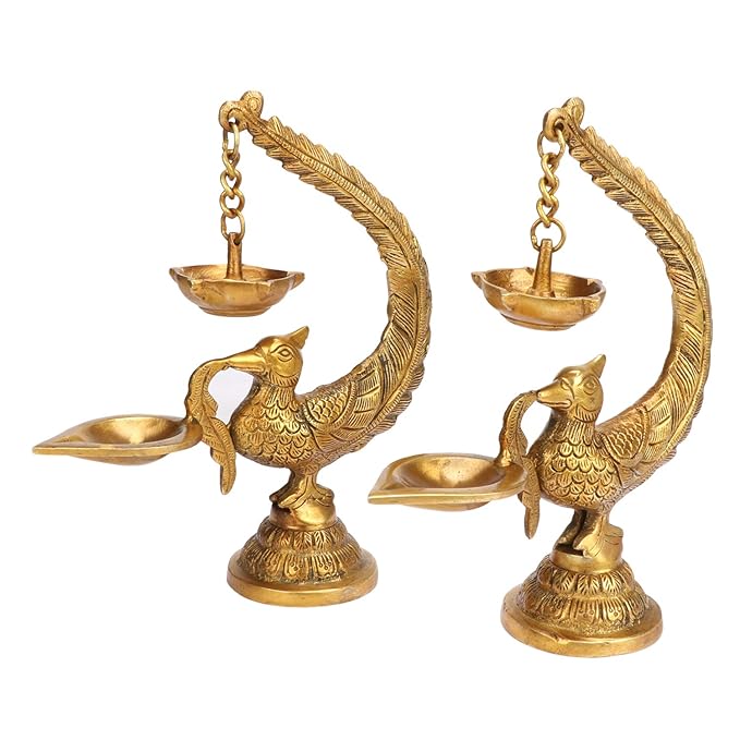 Brassaura™ Brass Peacock Bird Design Diya Pair (2 Pcs) Stand Holder | Deepak for Puja Aarti | Oil Lamp Pooja Articles Home Dcor Item - 8 Inch