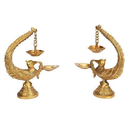 Brassaura™ Brass Peacock Bird Design Diya Pair (2 Pcs) Stand Holder | Deepak for Puja Aarti | Oil Lamp Pooja Articles Home Dcor Item - 8 Inch