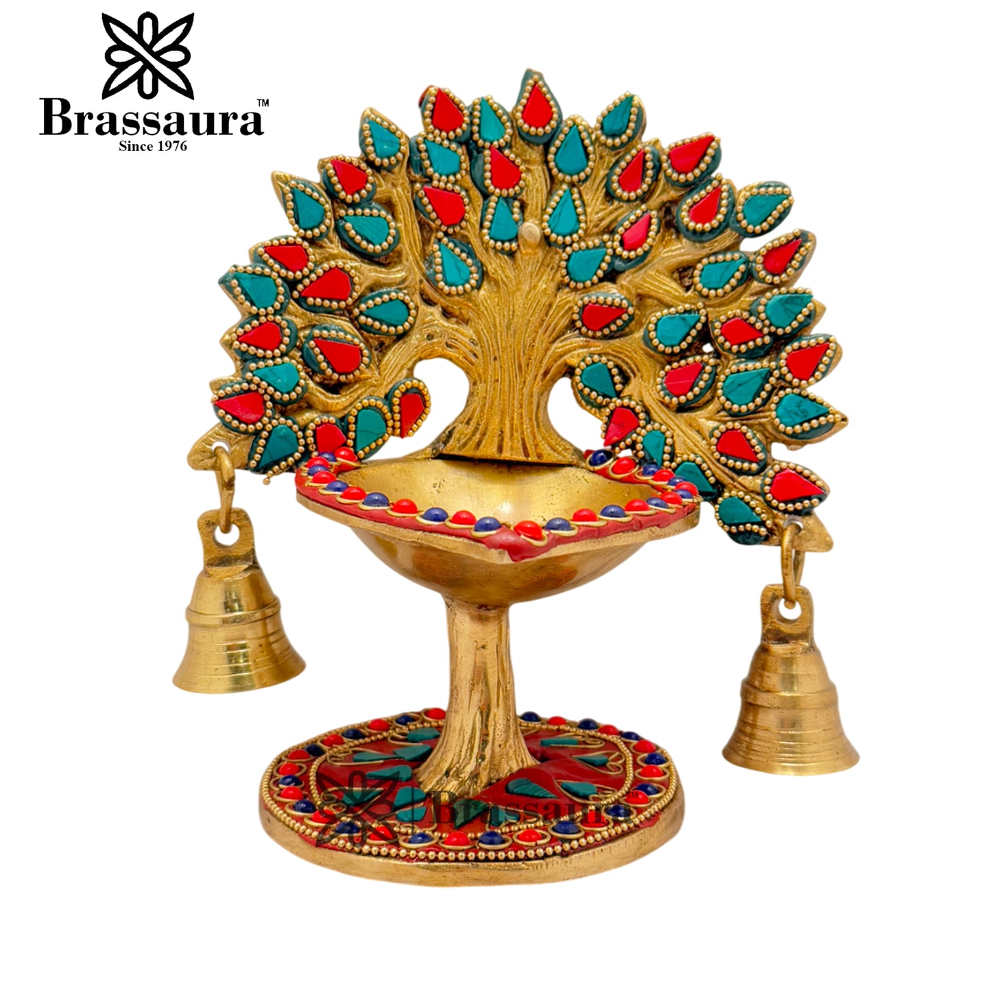 Brass Gem Stone Work Tree Diya Weight 1.3 Kg & Height 7 Inch