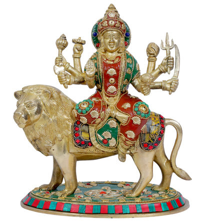 Brassaura™ Brass Gem Stone Work Durga Sherawali Sitting on Lion Murti for Home and Decor Pooja Room Temple Durga Devi for Diwali Navratri Mandir Gift Item Weight 3.95 Kg Height 29 cm