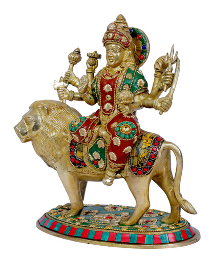 Brassaura™ Brass Gem Stone Work Durga Sherawali Sitting on Lion Murti for Home and Decor Pooja Room Temple Durga Devi for Diwali Navratri Mandir Gift Item Weight 3.95 Kg Height 29 cm