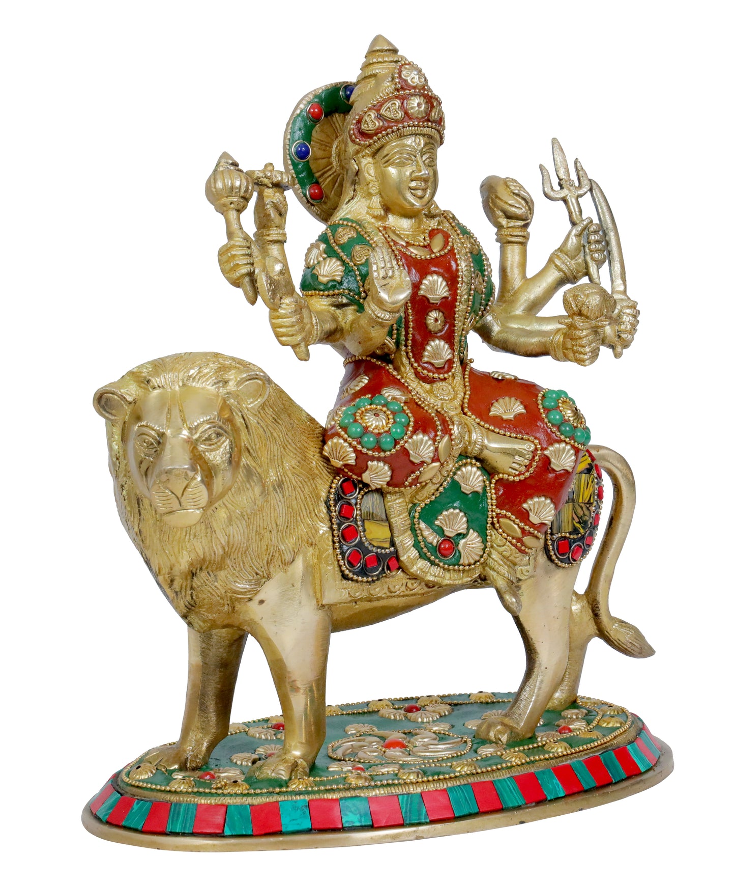 Brassaura™ Brass Gem Stone Work Durga Sherawali Sitting on Lion Murti for Home and Decor Pooja Room Temple Durga Devi for Diwali Navratri Mandir Gift Item Weight 3.95 Kg Height 29 cm