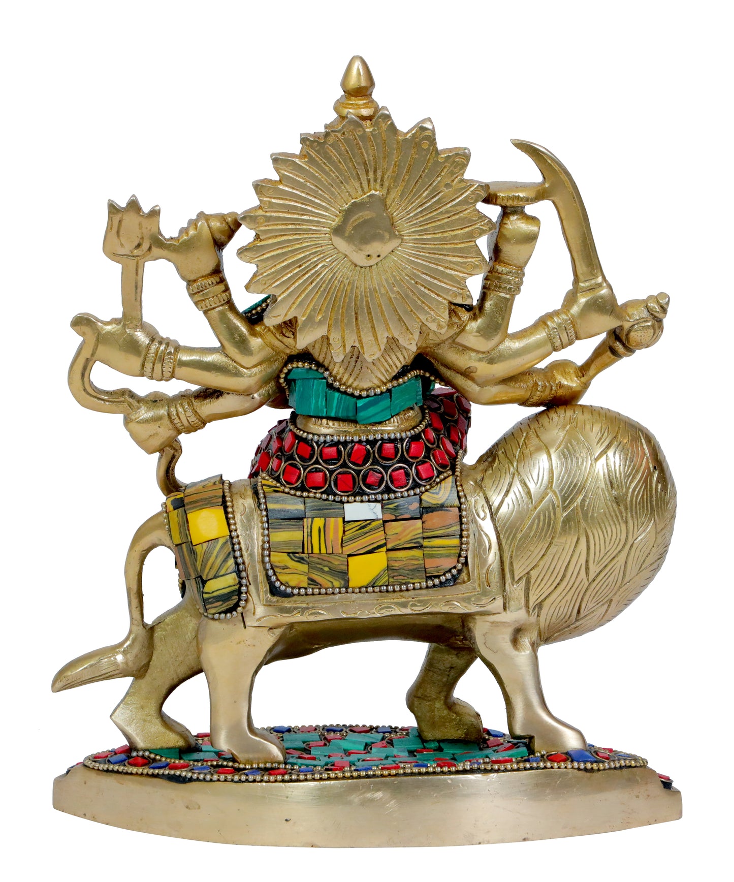 Brassaura™ Brass Gem Stone Work Durga Sherawali Sitting on Lion Murti for Home and Decor Pooja Room Temple Durga Devi for Diwali Navratri Mandir Gift Item Weight 3.95 Kg Height 29 cm