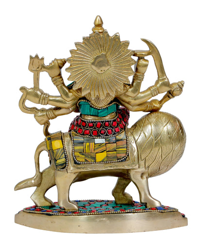 Brassaura™ Brass Gem Stone Work Durga Sherawali Sitting on Lion Murti for Home and Decor Pooja Room Temple Durga Devi for Diwali Navratri Mandir Gift Item Weight 3.95 Kg Height 29 cm