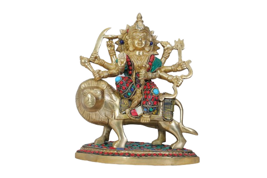 Brassaura™ Brass Gem Stone Work Durga Sherawali Sitting on Lion Murti for Home and Decor Pooja Room Temple Durga Devi for Diwali Navratri Mandir Gift Item Weight 2.72 Kg Height 25 cm