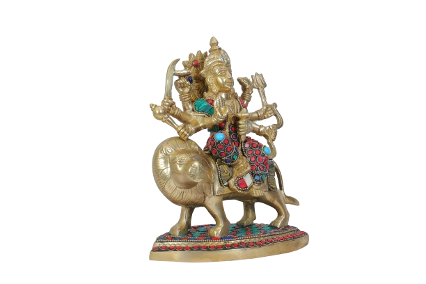 Brassaura™ Brass Gem Stone Work Durga Sherawali Sitting on Lion Murti for Home and Decor Pooja Room Temple Durga Devi for Diwali Navratri Mandir Gift Item Weight 2.72 Kg Height 25 cm