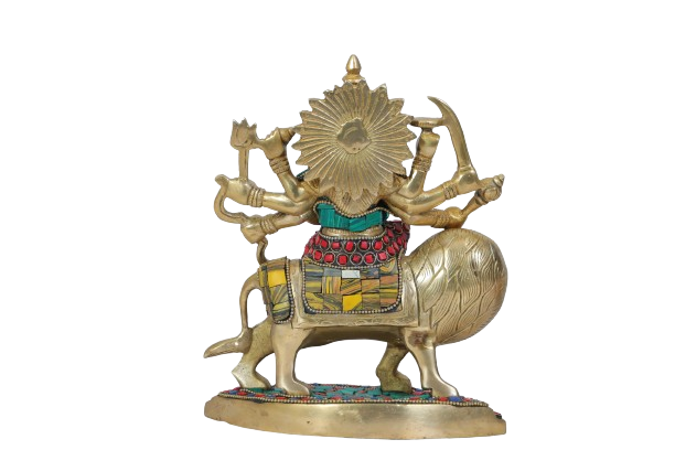 Brassaura™ Brass Gem Stone Work Durga Sherawali Sitting on Lion Murti for Home and Decor Pooja Room Temple Durga Devi for Diwali Navratri Mandir Gift Item Weight 2.72 Kg Height 25 cm