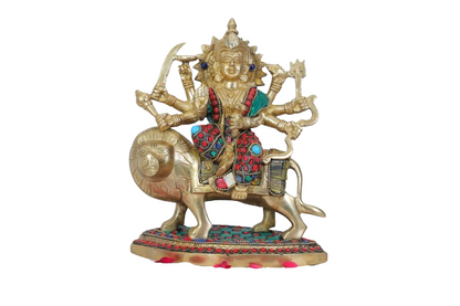 Brassaura™ Brass Gem Stone Work Durga Sherawali Sitting on Lion Murti for Home and Decor Pooja Room Temple Durga Devi for Diwali Navratri Mandir Gift Item Weight 2.72 Kg Height 25 cm