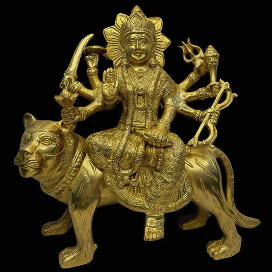 Brassaura™ Brass Golden Color Durga Sherawali Sitting on Lion Murti for Home and Decor Pooja Room Temple Durga Devi for Diwali Navratri Mandir Gift Item Weight 7.25 Kg Height 32 cm