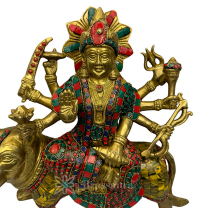 Brassaura™ Brass Gem Stone Work Durga Sherawali Sitting on Lion Murti for Home and Decor Pooja Room Temple Durga Devi for Diwali Navratri Mandir Gift Item Weight 7.69 Kg Height 32 cm