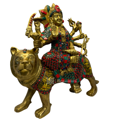 Brassaura™ Brass Gem Stone Work Durga Sherawali Sitting on Lion Murti for Home and Decor Pooja Room Temple Durga Devi for Diwali Navratri Mandir Gift Item Weight 7.69 Kg Height 32 cm