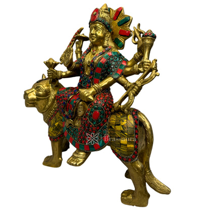 Brassaura™ Brass Gem Stone Work Durga Sherawali Sitting on Lion Murti for Home and Decor Pooja Room Temple Durga Devi for Diwali Navratri Mandir Gift Item Weight 7.69 Kg Height 32 cm