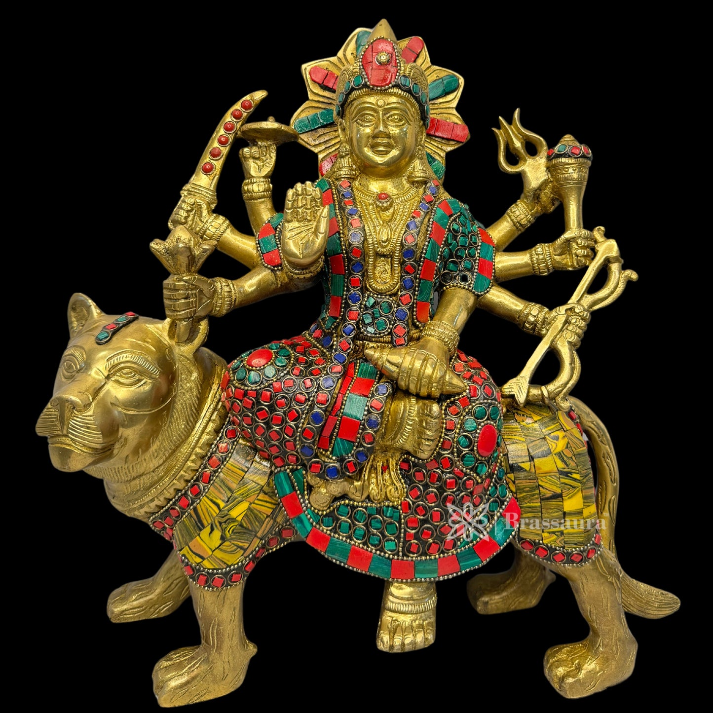 Brassaura™ Brass Gem Stone Work Durga Sherawali Sitting on Lion Murti for Home and Decor Pooja Room Temple Durga Devi for Diwali Navratri Mandir Gift Item Weight 7.69 Kg Height 32 cm