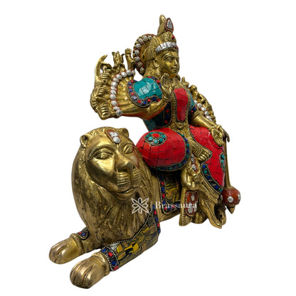 Brassaura™ Brass Gem Stone Inlay Work Durga MATA Gods Idol Sherawali Maa Sitting on Lion Statue for Home Decor and Durga Puja Height 28 Weight 7.200 Kg