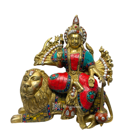 Brassaura™ Brass Multi Color Gem Stone Work Durga MATA Gods Idol Sherawali Maa Sitting on Lion Statue for Home Decor and Durga Puja Height 28 Weight 7.200 Kg