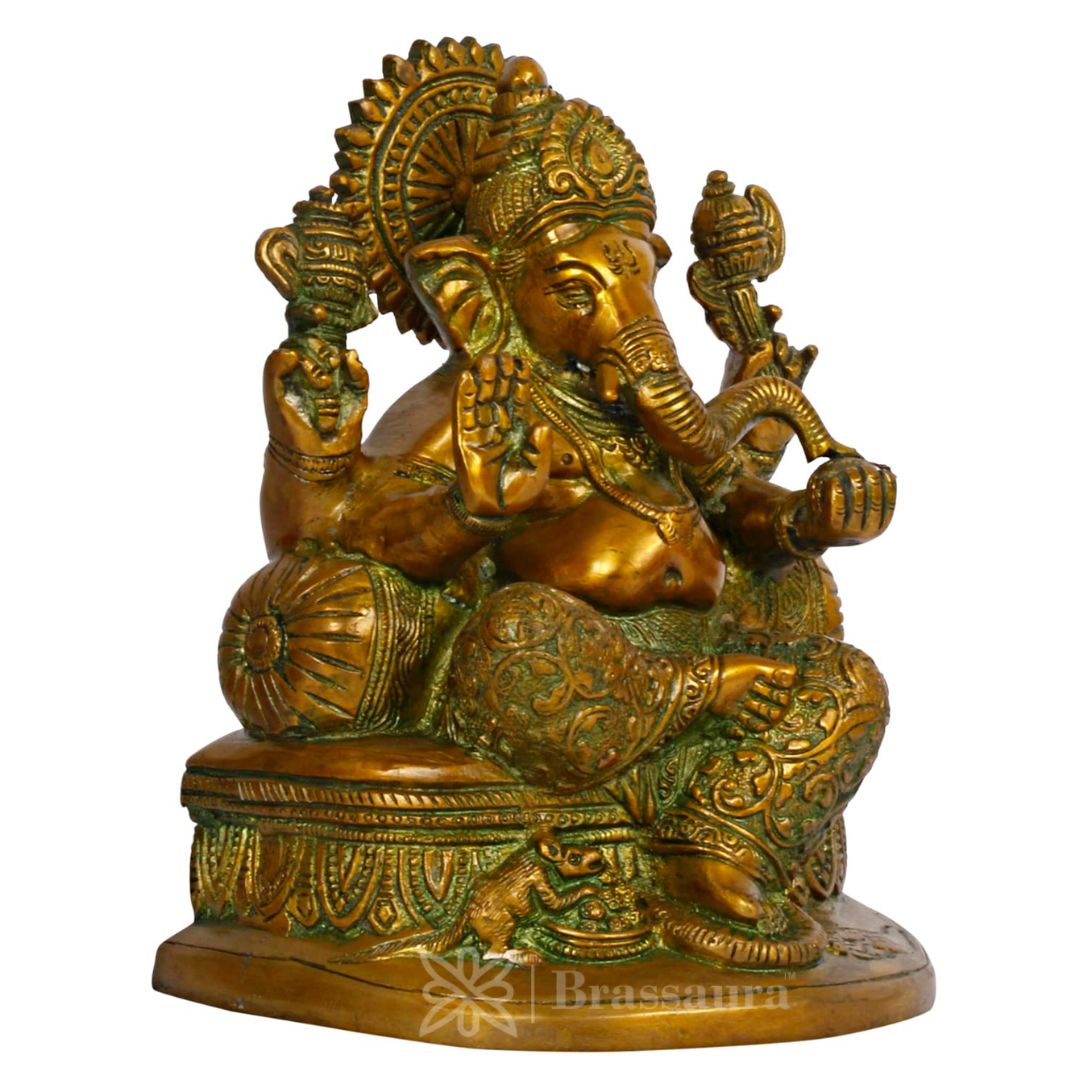 Brassaura™ Brass Antique Bhagwan Ganesha in Blessing Posture with Mooshak | Ganpati in Gold Home Entrance Office Decor Idol Murti Pooja 21 Cm Sculpture Bhagwan Entrance Home Weight 2.7 Kg