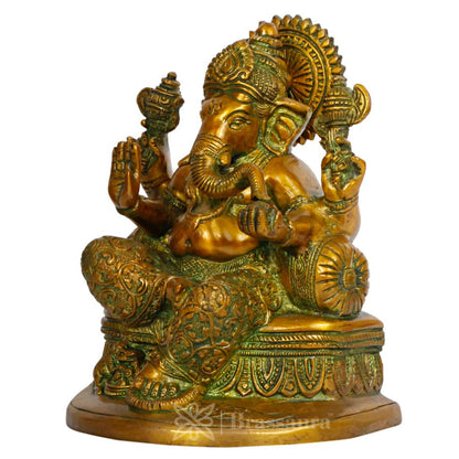 Brassaura™ Brass Antique Bhagwan Ganesha in Blessing Posture with Mooshak | Ganpati in Gold Home Entrance Office Decor Idol Murti Pooja 21 Cm Sculpture Bhagwan Entrance Home Weight 2.7 Kg