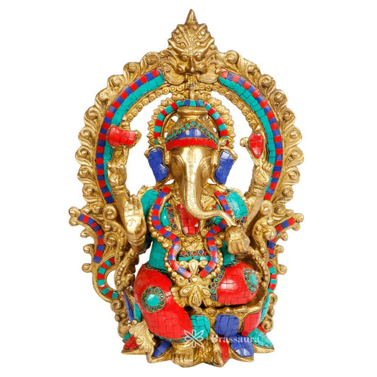 Brassaura™ Brass Gem Stone Work Ganesha Murti for Home and Decor Brass Ganesha Jewellwry Statue for Pooja Ganesha Idols for Home Entrace Decor Decoration Weight 9 Kg Height 41 cm