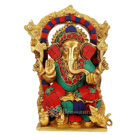 Brassaura™ Brass Gem Stone Work Ganesha Murti for Home and Decor Brass Ganesh Bhagwan Statue for Pooja Ganesha Ring Idol for Home Entrace Decor Decoration Weight 1.9 Kg Height 22 cm