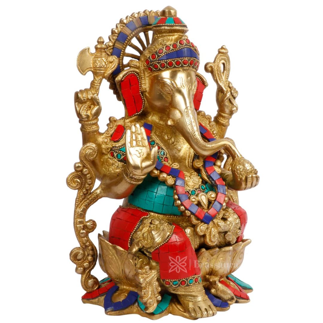 Brassaura™ Brass Gem Stone Work Ganesha Murti for Home and Decor Brass Jewellery Ganesha Bhagwan Statue for Pooja Room Ganesha Idols for Home Entrace Decor Good Luck Vastu Weight 7 Kg Height 33 cm